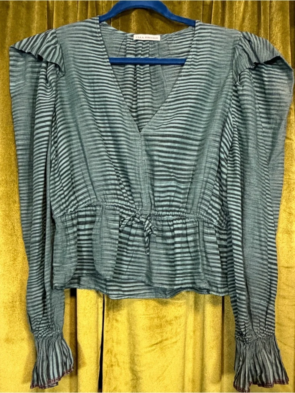 Ulla Johnson Ophelia Cotton Voile Peplum Blouse Teal Stripe. Size 4 Retail $295